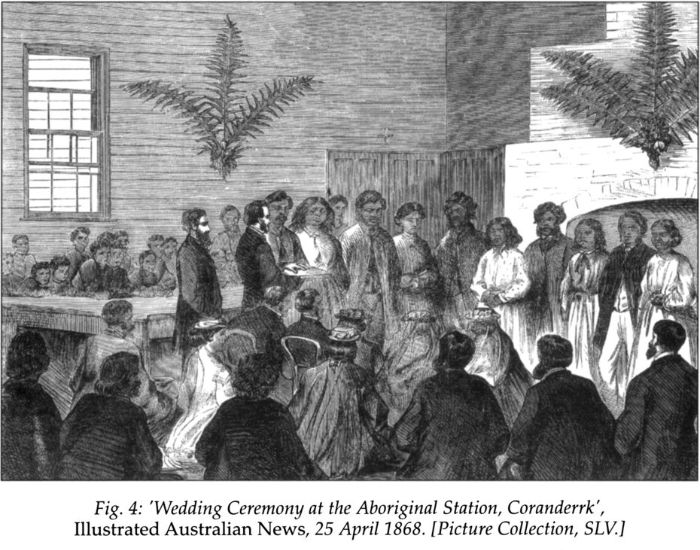 Fig 4: ‘Wedding Ceremony at the Aboriginal Station, Coranderrk’, Illustrated Australian News, 25 April 1868. [Picture Collection, SLV] [print]