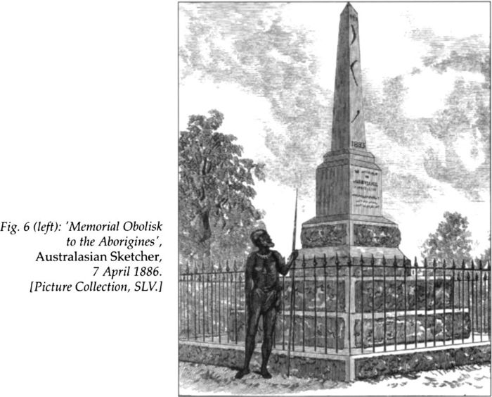 Fig 6: (left) ‘Memorial Obolisk to the Aborigines’, Australasian Sketcher 7 April 1886. [Pictures Collection, SLV] [engraving]
