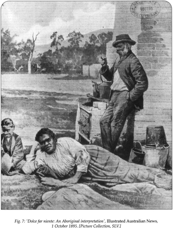 Fig 7: ‘Dolce far niente: An Aboriginal interpretation’, Illustrated Australian News 1 October 1895. [Pictures Collection, SLV] [illustration]