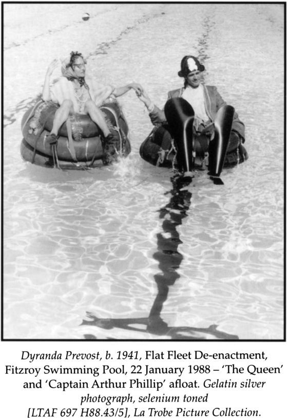 Dyranda Prevost, b. 1941, Flat Fleet De-enactment, Fitzroy Swimming Pool, 22 January 1988 – ‘The Queen’ and ‘Captain Arthur Phillip’ afloat. Gelatin silver photograph, selenium toned [LTAF 697 H88.43/5], La Trobe Picture Collection. [photograph]