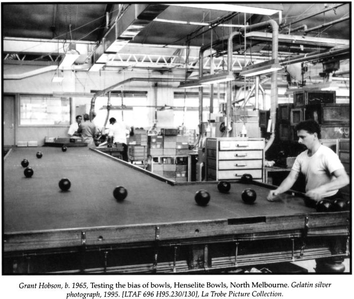 Grant Hobson, b. 1965, (top) Testing the bias of bowls, Henselite Bowls, North Melbourne. Gelatin silver photograph, selenium toned, 1995. [LTAF 696 H95.230/130], La Trobe Picture Collection. [photograph]