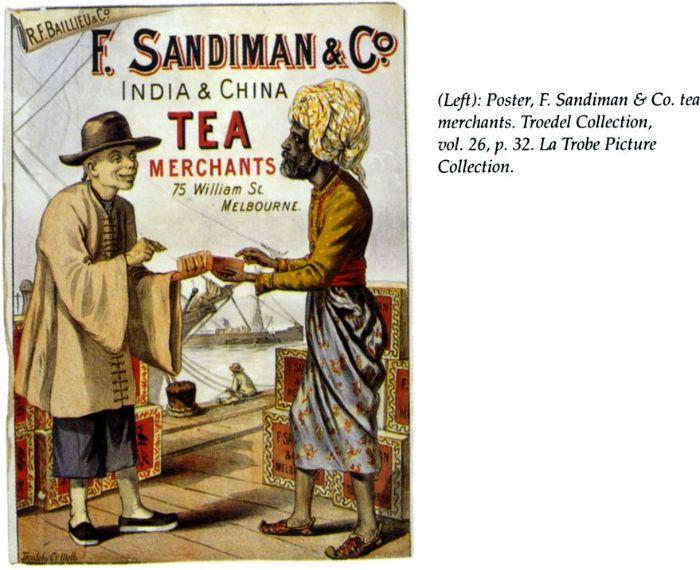 (left): Poster, F. Sandiman & Co. tea merchants. Troedel Collection, vol 26.  p.32. La Trobe Picture Collection [Advertisement]