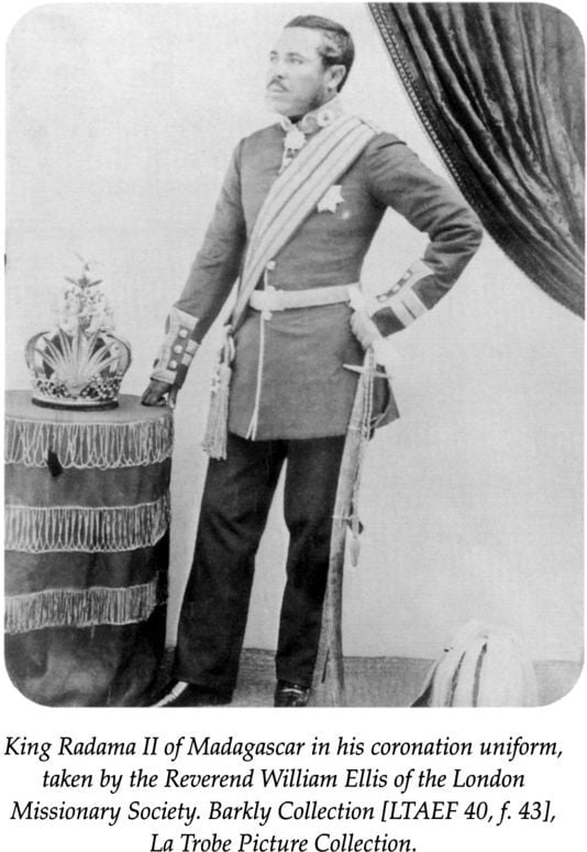 King Radama II of Madagascar in his coronation uniform, taken by the Reverend William Ellis of the London Missionary Society. Barkly Collection [LTAEF 40 f. 43] La Trobe Picture Collection. [photograph]