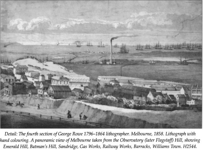 (Bottom) Detail: The fourth section of George Rowe 1796-1864 lithographer. Melbourne 1858. Lithograph with hand colouring. A panoramic view of Melbourne taken from the Observatory (later Flagstaff) Hill, showing Emerald Hill, Batman’s Hill, Sandridge, Gas Works, Railway Works, Barracks, Williams Town. H2544. :Woodbury's Panorama of Melbourne 1855" [lithograph]