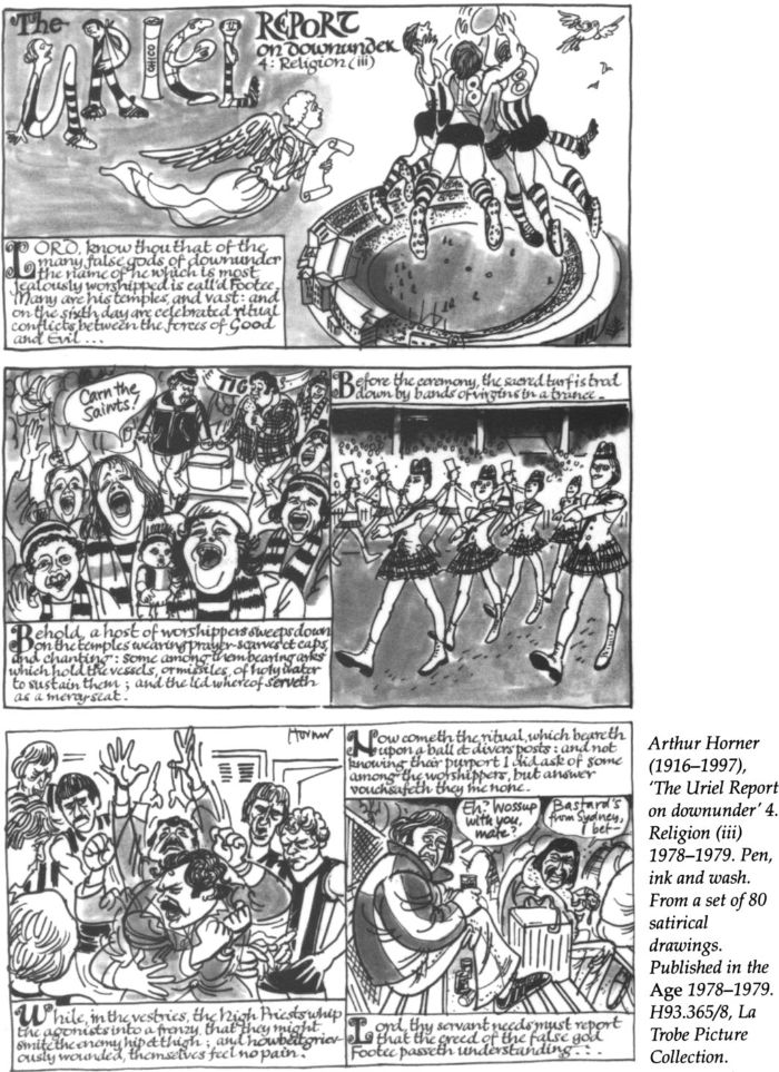 Arthur Horner (1916-1997), ‘The Uriel Report on downunder 4': Religion (iii) 1978-1979. Pen, ink and wash. From a set of 80 satirical drawings. Published in the Age 1978-1979. H93.365/8, La Trobe Picture Collection [cartoon]