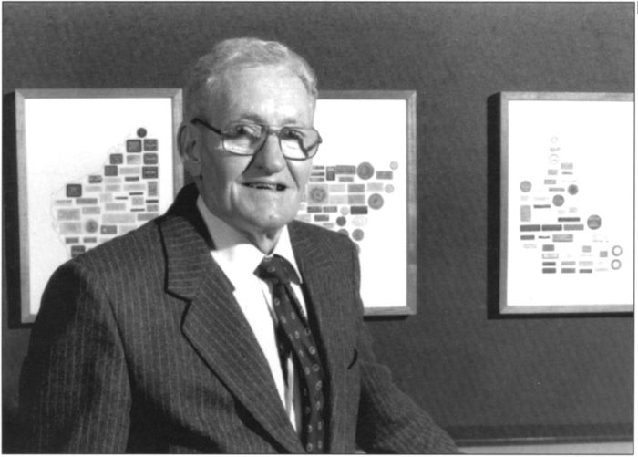 (bottom) John Holroyd at the exhibition of the holroyd Collection of Book Labels of Australia, Queen's Hall, State Library of Victoria, 1987. [photograph]