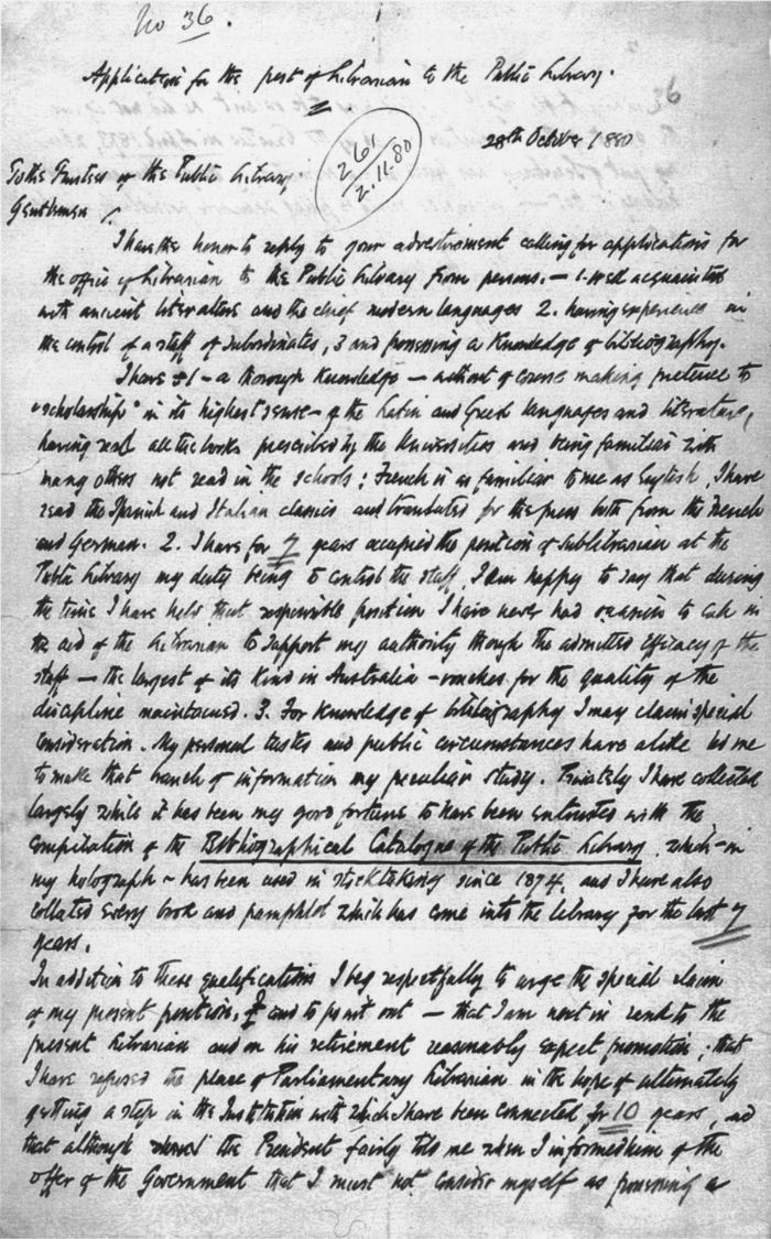 The first page of Marcus Clarke's application for the post of Librarian to the Public Library, 28 October 1880. MS 8222, Box 455/1(i), La Trobe Australian Manuscripts Collection.