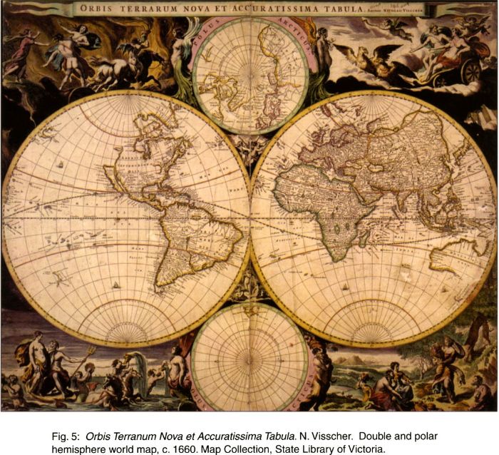 Fig. 5: Orbis Terranum Nova et Accuratissima Tabula. N. Visscher. Double and polat hemisphere world map, c. 1660. Map Collection, State Library of Victoria. [map]