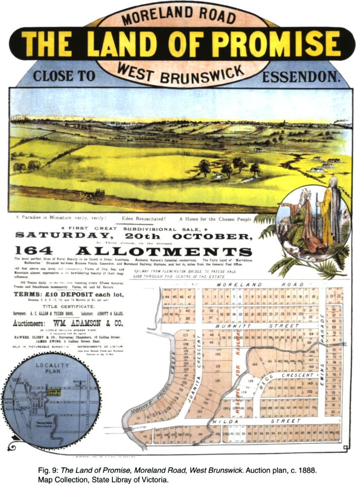 Fig. 9: The Land of Promise, Moreland Road, West Brunswick. Auction plan, c. 1888. Map Collection, State Library of Victoria. [survey plan with text and illustration]