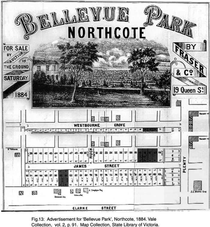 Fig. 13: Advertisement for 'Bellevue Park', Northcote, 1884, Vale Collection, vol. 2, p.91. Map Collection, State Library of Victoria. [plan]