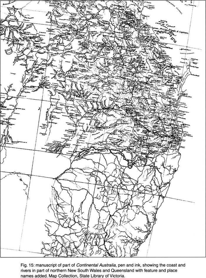 Fig. 15: manuscript of part of Continental Australia, pen and ink, showing the coast and rivers in part of northern New South Wales and Queensland with feature and place names added. Map Collection, State Library of Victoria. [map, pen and ink]