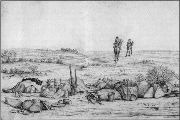 First camp from Duroadoo. Mr. Wright and Smith start to look for water. Mr. Hodgkinson and Belooch and myself leave for Duroadoo to supply the camp with water.' (Ludwig Becker, 18 February 1861) [drawing]
