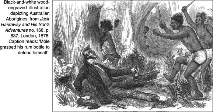 Black-and-white wood-engraved illustration depicting Australian Aborigines; from Jack Harkaway and His Son's Adventures no. 168, p. 837, London, 1876. Caption reads: 'Mole grasped his rum bottle to defend himself'. [wood engraving]