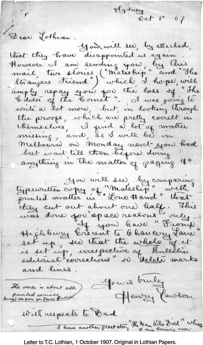 Letter to T.C. Lothian, 1 October 1907. Original in Lothian Papers. [handwritten letter]
