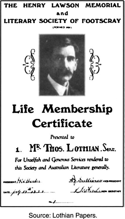 The Henry Lawson Memorial and Literary Society of Footscray Life Membership Certificate'. Source: Lothian Papers [certificate]