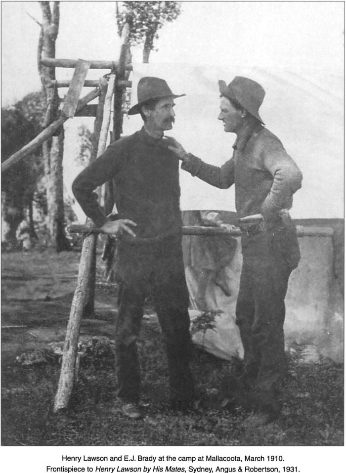Henry Lawson and E.J. Brady at the camp at Mallacoota, March 1910. Frontispiece to Henry Lawson by His Mates, Sydney, Angus & Robertson, 1931.