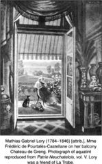 Mathias Gabriel Lory (1784-1846) [attrib.] Mme Frédéric de Pourtalès-Castellane on her balcony Chateau de Greng. Photograph of aquatint reproduced from Patrie Neuchatelois, vol. V. Lory was a friend of La Trobe. [photograph of aquatint]
