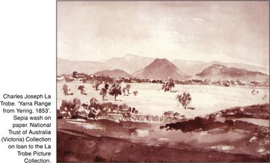 Charles Joseph La Trobe. 'Yarra Range from Yering, 1853'. Sepia wash on paper. National Trust of Australia (Victoria) Collection on loan to the La Trobe Picture Collection. [watercolour]
