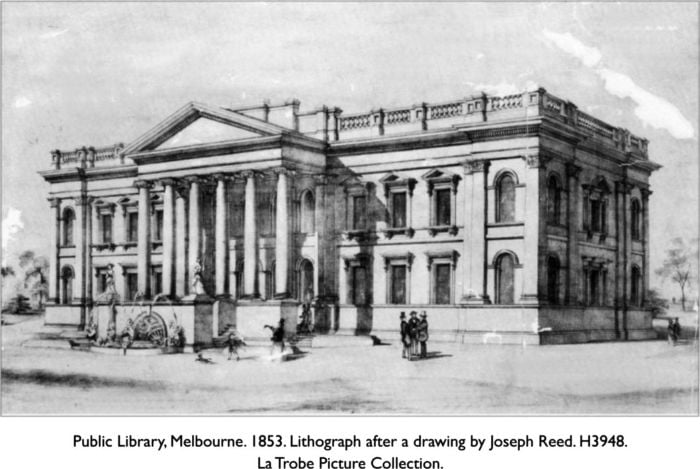 Public Library, Melbourne. 1853. Lithograph after a drawing by Joseph Reed. H3948. La Trobe Picture Collection. [lithograph]
