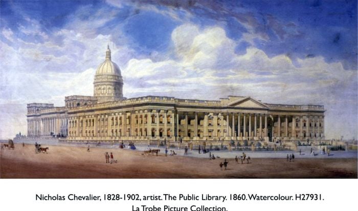 Nicholas Chevalier, 1828-1902, artist. The Public Library. 1860. Watercolour. H27931. La Trobe Picture Collection. [watercolour]