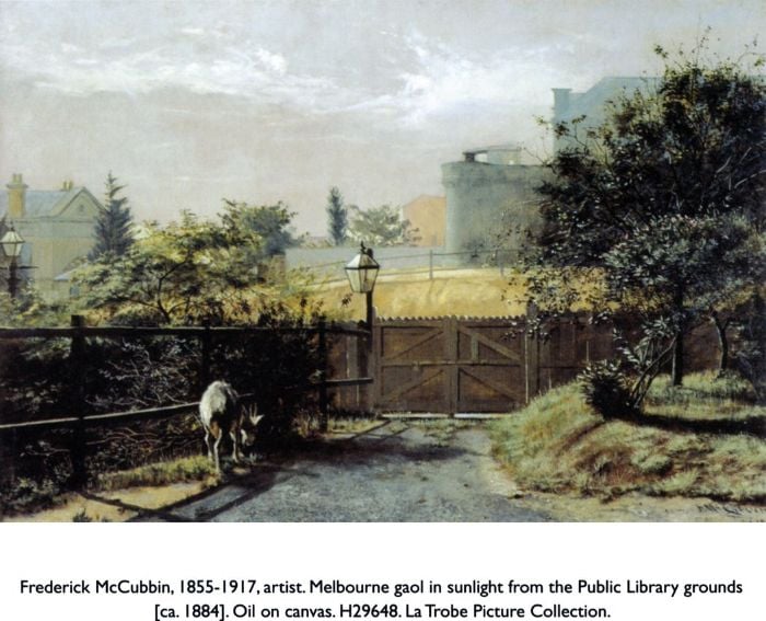 Frederick McCubbin, 1855-1917, artist. Melbourne gaol in sunlight from the Public Library grounds [ca 1884]. Oil on canvas. H29648. La Trobe Picture Collection. [painting]
