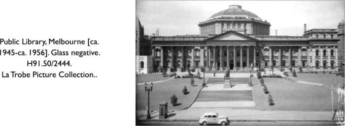 Centre: Public Library, Melbourne [ca. 1945-ca. 1956]. Glass negative. H91.50/2444. La Trobe Picture Collection. [photograph]