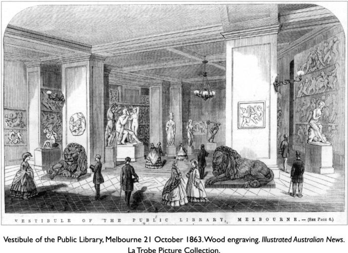 Vestibule of the Public Library, Melbourne 21 October 1863. Wood engraving. Illustrated Australian News. La Trobe Picture Collection. [wood engraving]