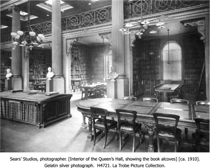 Sear's  Studios, photographer. [Interior of the Queen's Hall, showing the book alcoves] [ca.1910]. Gelatin silver photograph. H4721. La Trobe Picture Collection. [photograph]