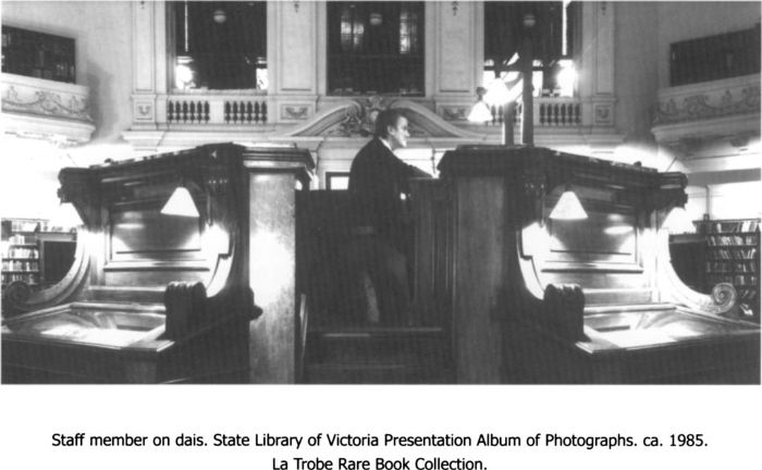 Staff member on dais. State Library of Victoria Presentation Album of Photographs. ca. 1985. La Trobe Rare Book Collection