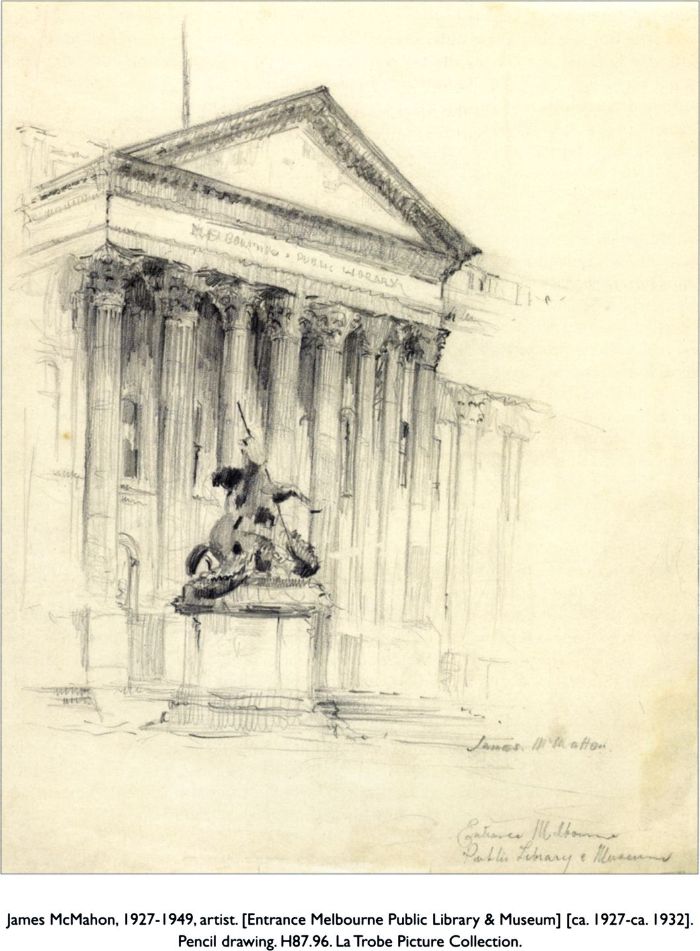 James McMahon, 1927-1949, artist. [Entrance Melbourne Public Library & Museum] [ca. 1927-ca. 1932]. Pencil drawing . H87.96. La Trobe Picture Collection. [pencil drawing]