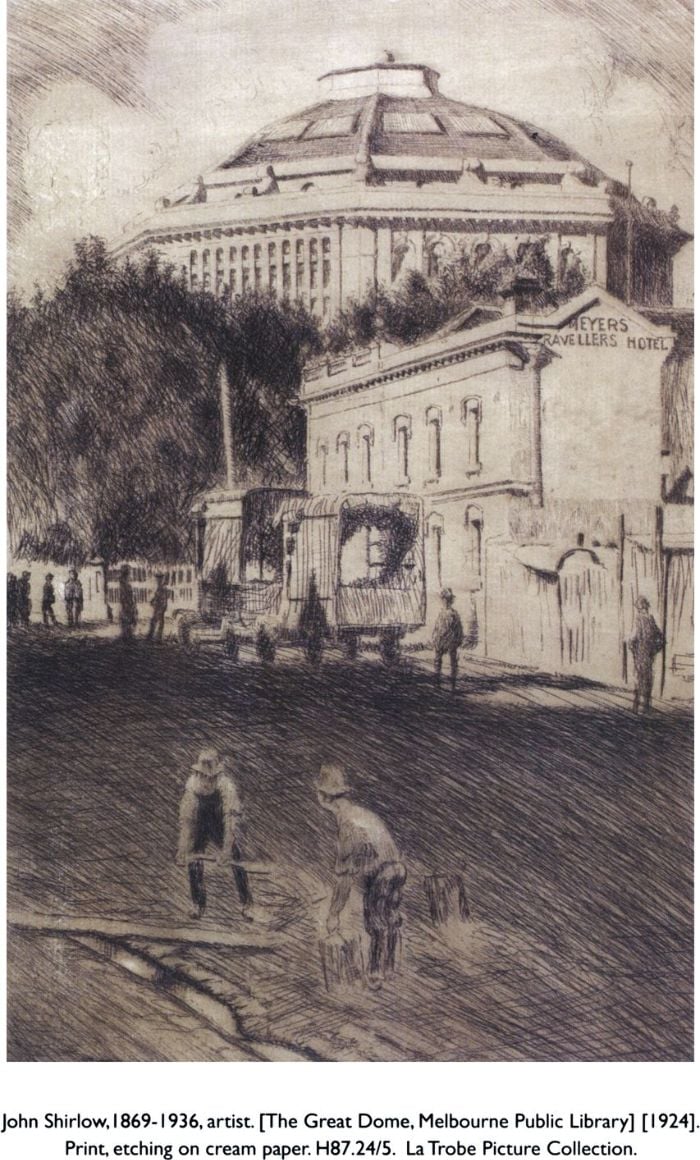 John Shirlow, 1869-1936, artist. [The Great Dome, Melbourne Public Library] [1924]. Print, etching on cream paper. H87.24/5. La Trobe Picture Collection. [etching]