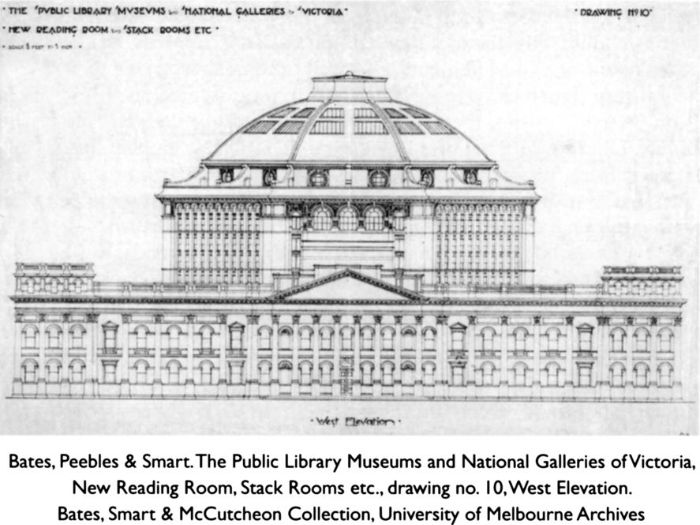 Top: Bates, Peebles & Smart. The Public Library Museums and National Galleries of Victoria, New Reading Room, Stack Rooms etc., drawing no. 10, West Elevation. Bates Smart & McCutcheon Collection, University of Melbourne Archives.