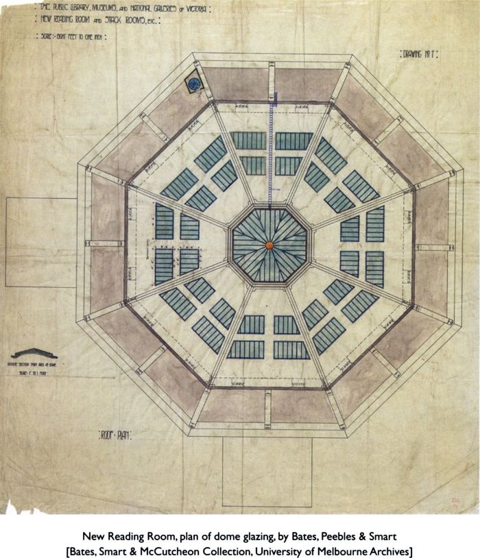 New Reading Room, plan of dome glazing, by Bates, Peebles & Smart. Bates Smart & McCutcheon Collection, University of Melbourne Archives.