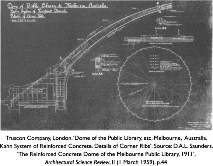 Bottom: Truscon Company, London. 'Dome of the Public Library, etc. Melbourne, Australia. Kahn System of Reinforced Concrete. Details of corner Ribs'. Source: D.A.L. Saunders. 'The Reinforced Concrete Dome of the Melbourne Public Library, 1911', Architectural Science Review, II (1 March 1959), p.44 [plan]