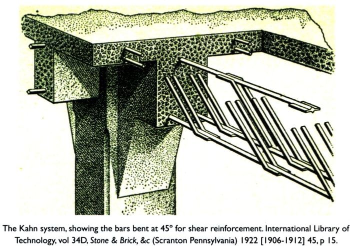 Bottom: The Kahn system, showing the bars bent at 45 degrees for shear reinforcement. International Library of Technology, vol 34D, Stone & Brick, &c (Scranton Pennsylvania) 1922 [1906-1912] 45, p 15. [drawing]