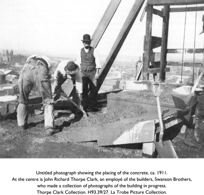 Untitled photograph showing the placing of the concrete, ca. 1911. At the centre is John Richard Thorpe Clark, an employé of the builders, Swanson Brothers, who made a collection of photographs of the building in progress. Thorpe Clark Collection. H93.39/27. La Trobe Picture Collection. [photograph]