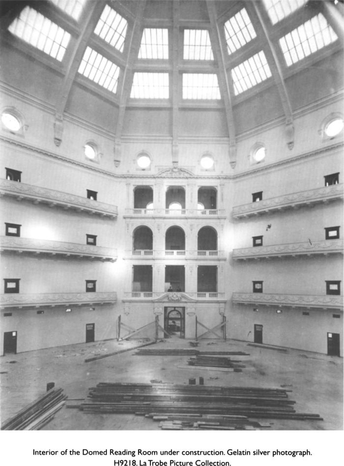 Interior of the Domed Reading Room under construction. Gelatin silver photograph. H9218. La Trobe Picture Collection. [photograph]