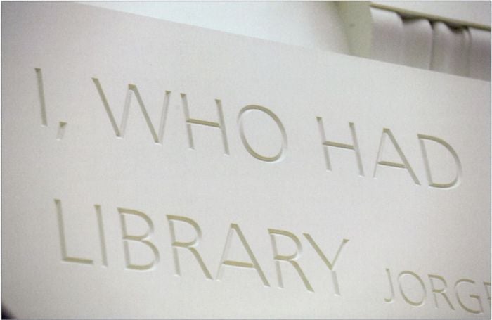 "I, who had ... Library ... Jorge ..." section of quote in South elevation, left panel of Domed reading room. [photograph]