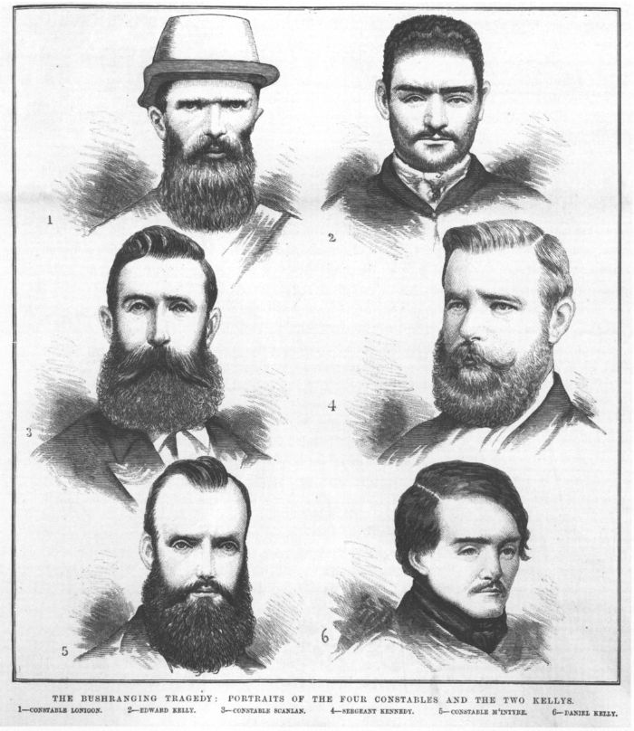 The Bushranging tragedy: portraits of the four constables and the two Kellys. Shows Constables Lonigan, Scanlan and McIntyre, Sergeant Kennedy, and Ned and Dan Kelly. Print: wood engraving. 23 November 1878. Australasian Sketcher A/S23/11/78/129. La Trobe Picture Collection. [wood engraving]