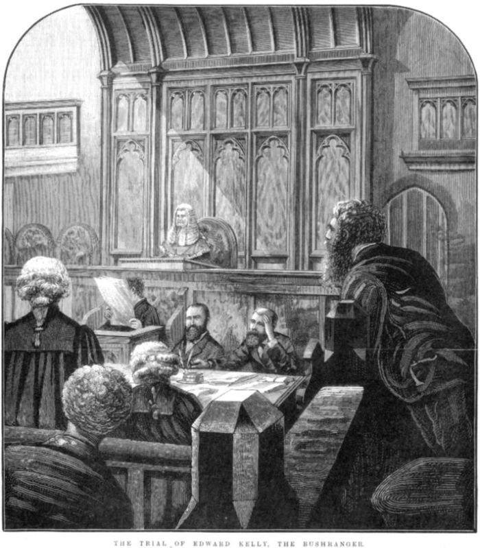 The trial of Edward Kelly, the bushranger. Print: wood engraving. 6 November 1880. Australasian Sketcher A/S06/11/80/289. La Trobe Picture Collection. [wood engraving]