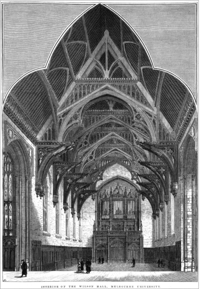 An architect's drawing of the interior of Wilson Hall, then under construction at Melbourne University. Print: wood engraving. 2 August 1879. Illustrated Australian News IAN02/08/79/121. [wood engraving]