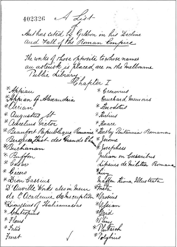 Redmond Barry. List of authors cited by Gibbon in his Decline and Fall of the Roman Empire. This compilation exemplifies Barry's approach to collection-building. MS 12120. La Trobe Australian Manuscripts Collection. [handwritten document]