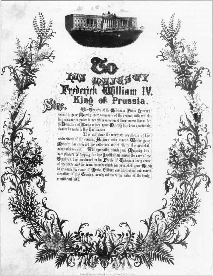 Photograph of the Illuminated Address sent to King Frederick William of Prussia [ca. 1856 - ca 1861] Albumen silver photograph. H4678. La Trobe Picture Collection. [illuminated address]