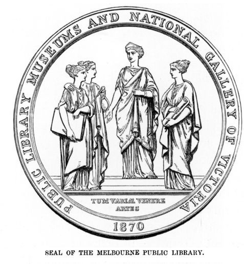 Seal of the Melbourne Public Library. Print: wood engraving. 5 December 1870. Illustrated Australian News IAN05/12/70/208. La Trobe Picture Collection. [wood engraving]