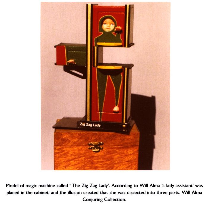 Model of magic machine called 'The Zig-Zag Lady'. According to Will Alma 'a lady assistant' was placed in the cabinet, and the illusion created that she was dissected into three parts. Will Alma Conjuring Collection.