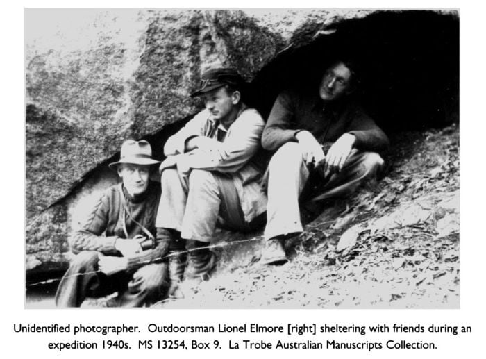 Top: Unidentified photographer. Outdoorsman Lionel Elmore [right] sheltering with friends during an expedition 1940s. MS 13254, Box 9. La Trobe Australian Manuscripts Collection. [photograph]