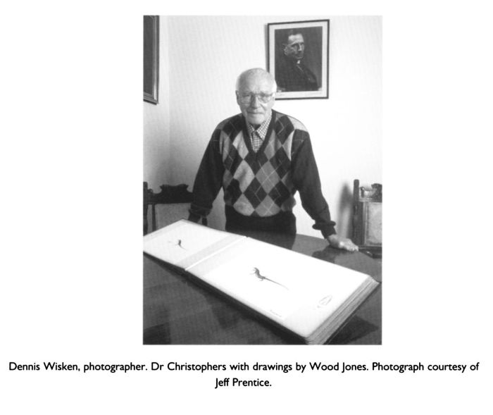 Dennis Wisken, photographer. Dr Christophers with drawings by Wood Jones. Photograph courtesy of Jeff Prentice. [photograph]