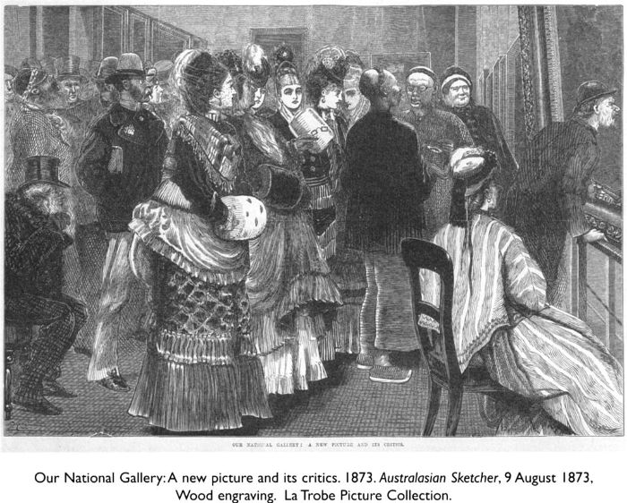 Our National Gallery: A new picture and its critics. 1873. Australasian Sketcher, 9 August 1873, Wood engraving. La Trobe Picture Collection. [wood engraving]