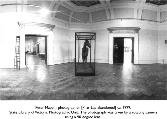 Peter Mappin, photographer. [Phar Lap abandoned] ca. 1999. State Library of Victoria, Photographic Unit. The photograph was taken by a rotating camera using a 90 degree lens. [photograph]