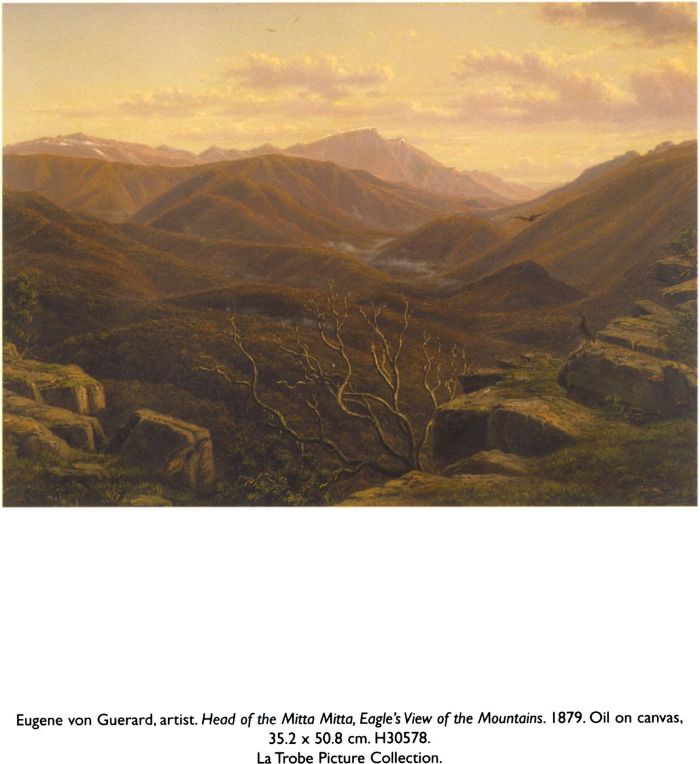 Eugene von Guerard, artist. Head of the Mitta Mitta, Eagle's View of the Mountains. 1879. Oil on canvas, 35.2 × 50.8 cm. H30578. La Trobe Picture Collection.  [oil painting]